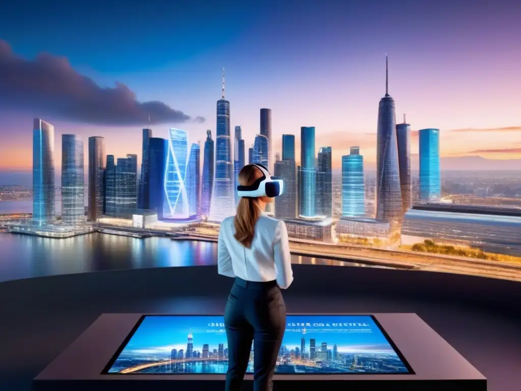 Metrópolis futurista: inversión inmobiliaria con IA Una ciudad futurista al anochecer, con rascacielos iluminados y profesionales en presentación de realidad virtual