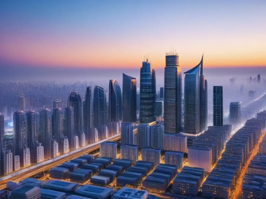 Metrópolis futurista: AI y automatización en préstamos inmobiliarios Una ciudad futurista al anochecer con rascacielos iluminados, sistemas de transporte avanzados y redes de datos digitales, destacando las ventajas de automatización en préstamos