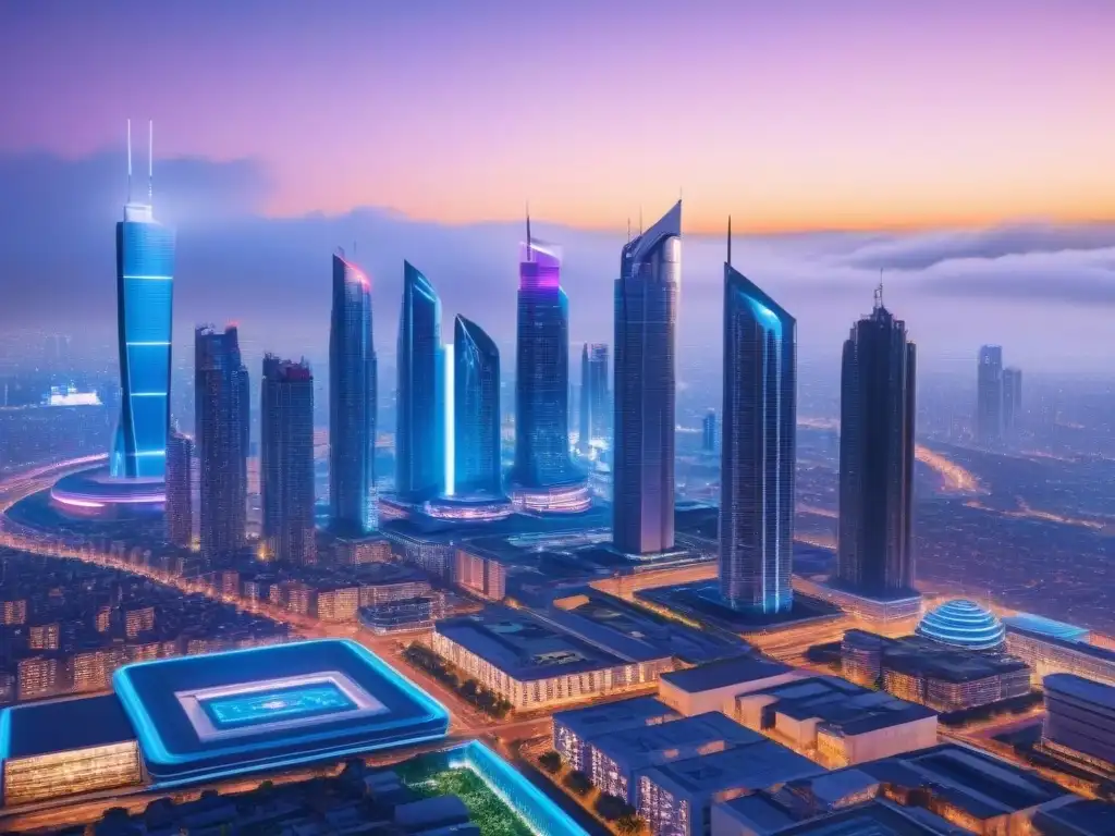 Metrópolis futurista: Automatización en real estate Una ciudad futurista al anochecer, con rascacielos iluminados por luces neón y sistemas automatizados