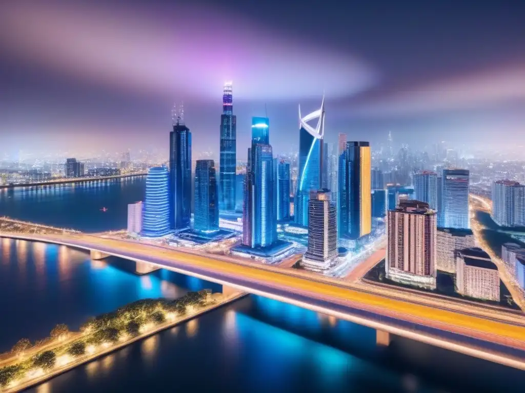 Metrópolis futurista: automatización en la industria inmobiliaria Ciudad futurista con rascacielos iluminados por luces de neón, mostrando la automatización en la evaluación de créditos hipotecarios