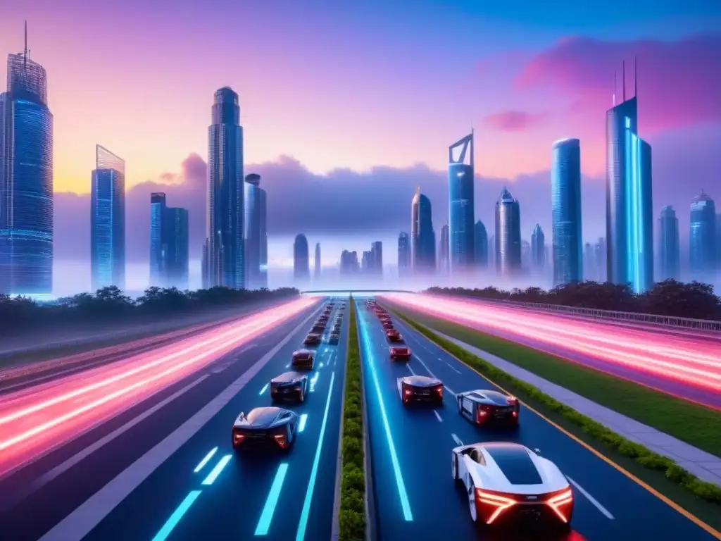 Ciudad del futuro: innovación en análisis crediticio inmobiliario Una ciudad futurista al anochecer, con rascacielos iluminados por luces de neón y hologramas en el cielo
