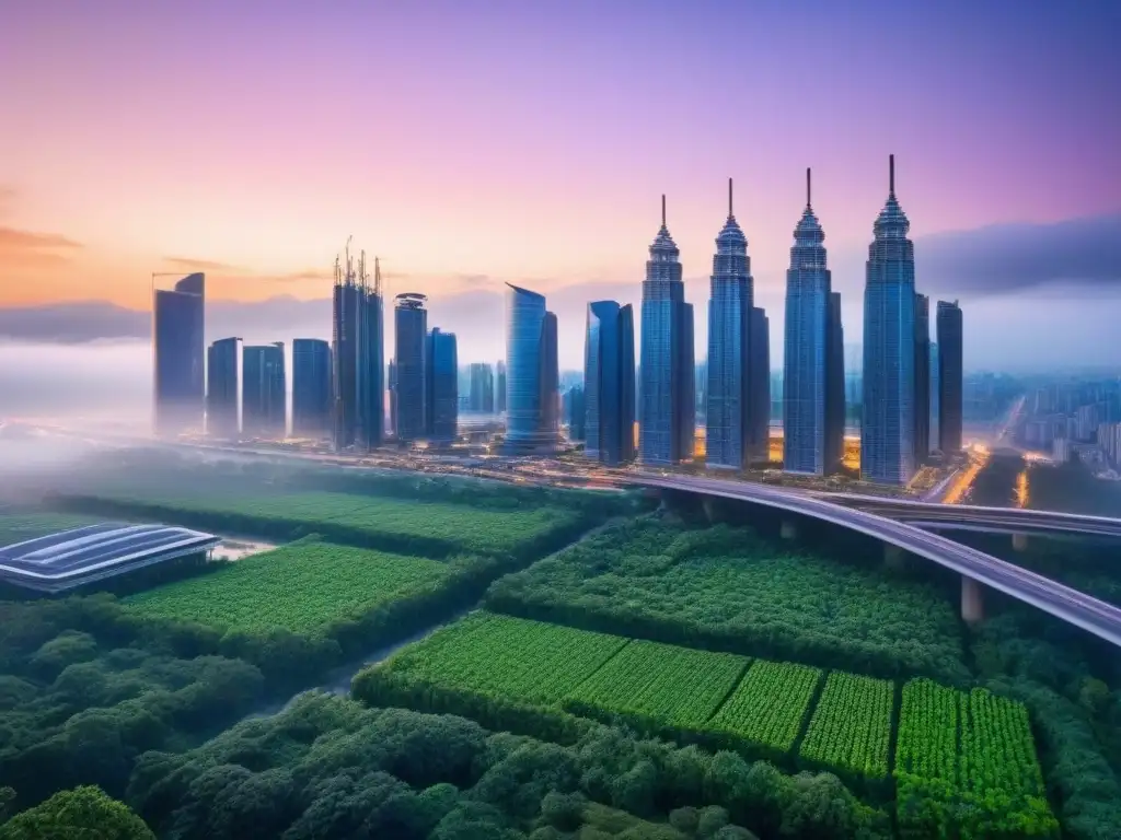 Ciudad futurista: progreso y sostenibilidad Una ciudad futurista al anochecer con rascacielos iluminados, sistemas de transporte avanzados y vegetación integrada