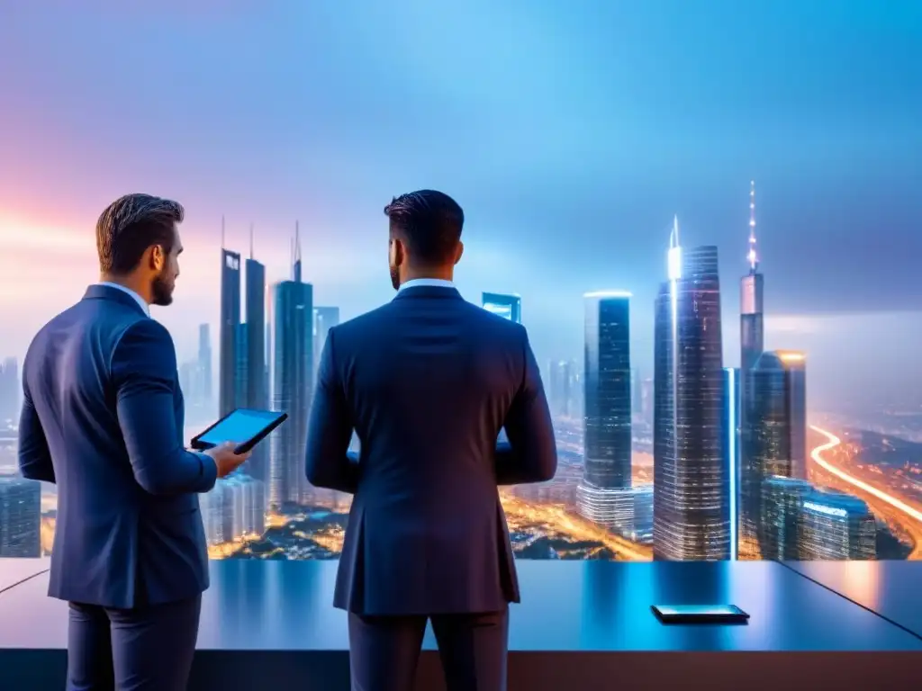 Innovación en Real Estate: Transacciones Blockchain Una ciudad futurista al anochecer con rascacielos iluminados y profesionales discutiendo contratos inteligentes en tabletas digitales transparentes