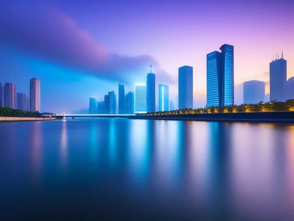 Metrópolis futurista: blockchain transformando la ciudad Una ciudad futurista con rascacielos iluminados por luces neón, reflejándose en un río tranquilo al anochecer