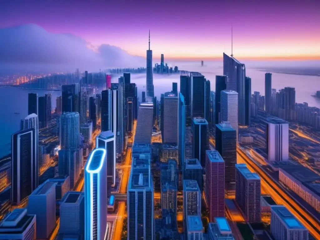 Metrópolis futurista: fusión de arquitectura tradicional y fintech Una ciudad futurista con rascacielos iluminados por luces de neón, fusionando lo tradicional con lo innovador