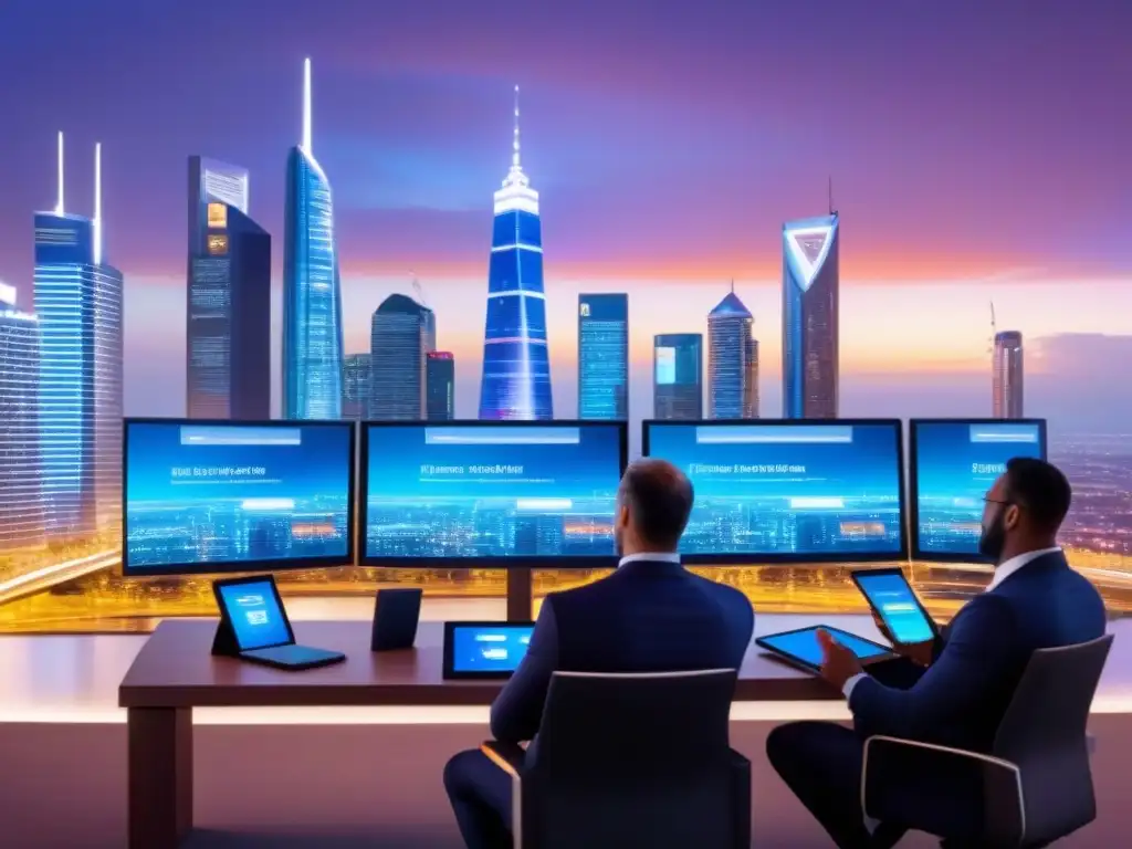 Futurista ciudad financiera en 8k: Fintech y seguridad inmobiliaria Una ciudad futurista con rascacielos iluminados y profesionales en reunión, reflejando innovación en Seguridad transacciones inmobiliarias Fintech