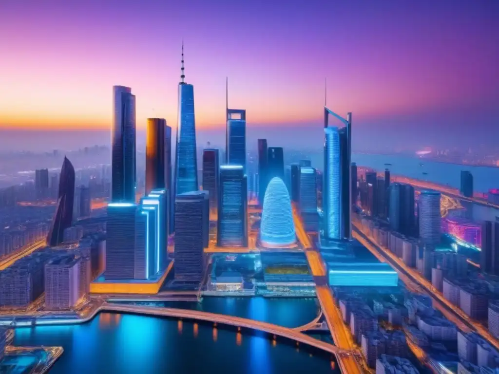 Horizonte futurista: ciudad nocturna con tecnología financiera híbrida Una ciudad futurista con rascacielos iluminados por luces neón, reflejando la innovación de los Productos financieros híbridos 2023