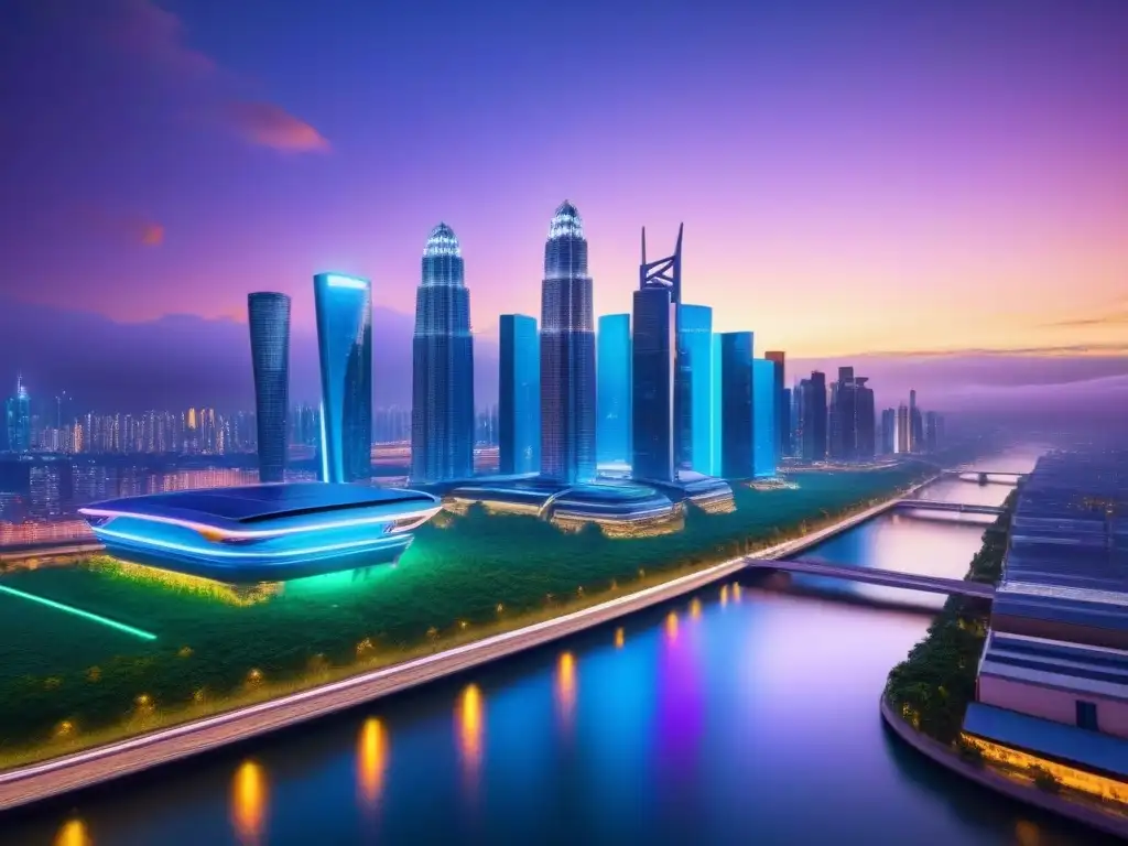 Metrópolis futurista: luces neón y arquitectura innovadora en río sereno Una ciudad futurista con rascacielos iluminados por luces de neón sobre un río tranquilo al anochecer