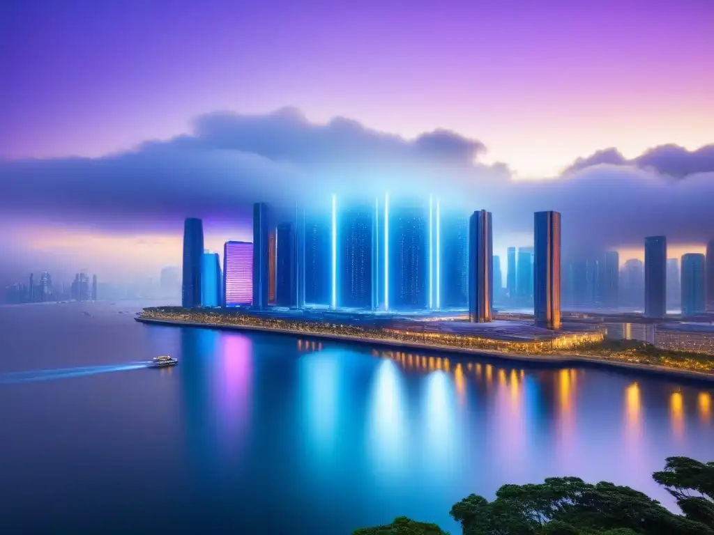 Horizonte futurista: ciudad iluminada con luces neón y tecnología avanzada Una ciudad futurista al anochecer con rascacielos iluminados y tecnologías avanzadas, adaptándose en el Nuevo Panorama