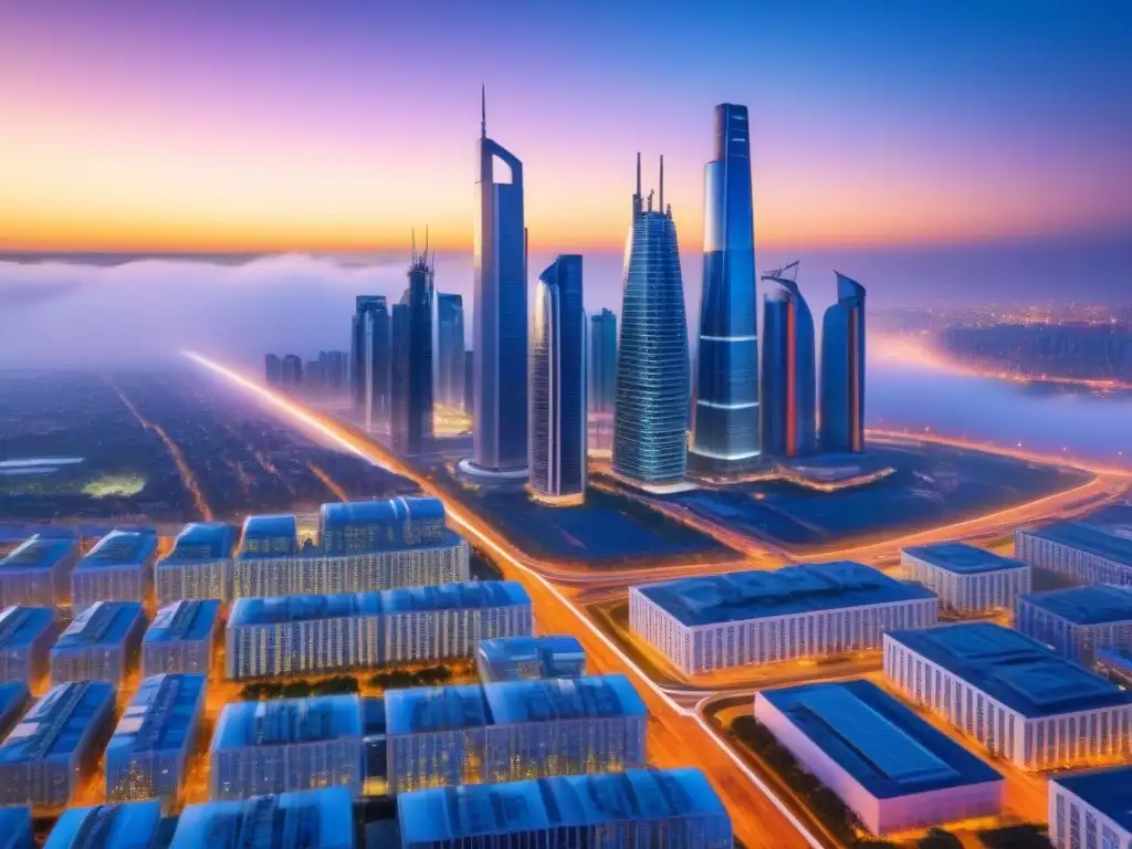Horizonte urbano futurista: luces vibrantes en la ciudad del mañana Una ciudad futurista con rascacielos iluminados y tecnología avanzada, ideal para un artículo sobre Productos financieros híbridos inmobiliarios