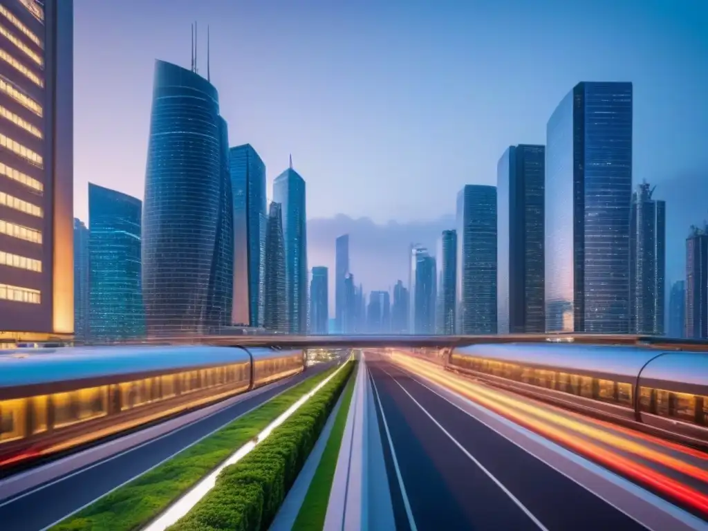 Metrópolis futurista: arquitectura innovadora y tecnología urbana Ciudad futurista al anochecer con rascacielos iluminados y sistemas de transporte avanzados, destacando politicas de vivienda sector inmobiliario