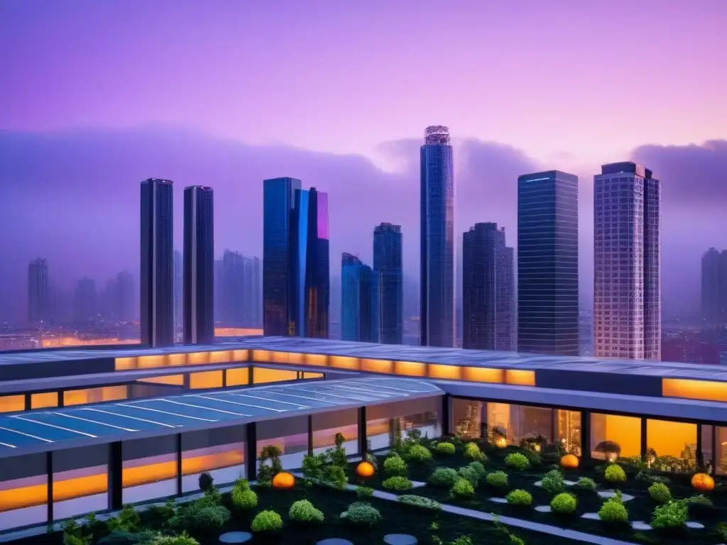 Metrópolis futurista: atardecer en la ciudad tecnológica Una ciudad futurista al anochecer, con rascacielos iluminados y jardines en azoteas