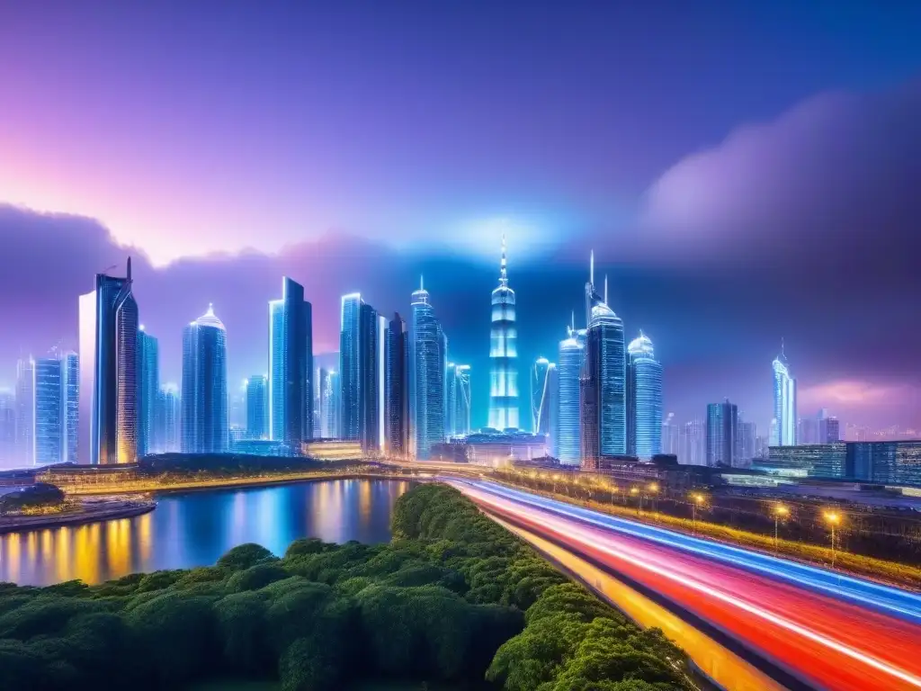 Innovación urbana: Finanzas inmobiliarias en el futuro Una ciudad futurista al anochecer, con rascacielos iluminados por luces de neón