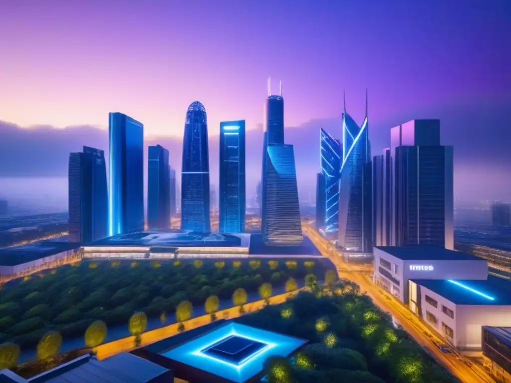 Metrópolis futurista: luces neón en rascacielos eco-sostenibles Una ciudad futurista al anochecer, con rascacielos iluminados por luces de neón y vehículos autónomos