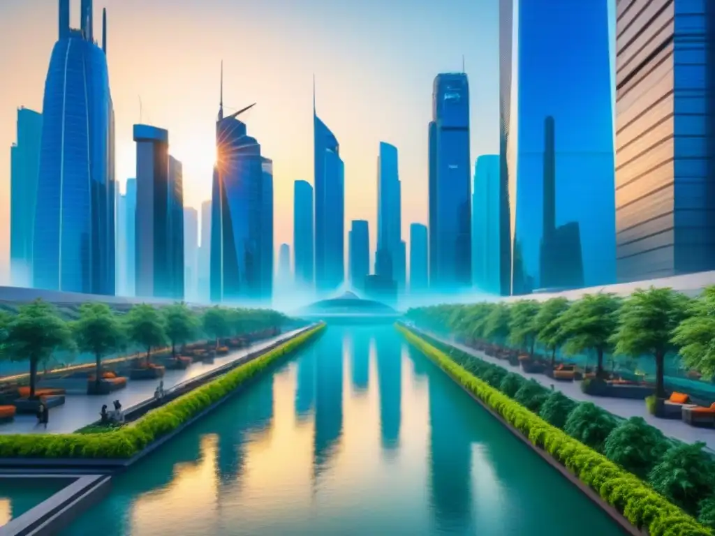 Metrópolis futurista: armonía entre naturaleza y tecnología Una ciudad futurista con rascacielos imponentes y sistemas de transporte avanzados, fusionando naturaleza y tecnología en un entorno urbano armonioso