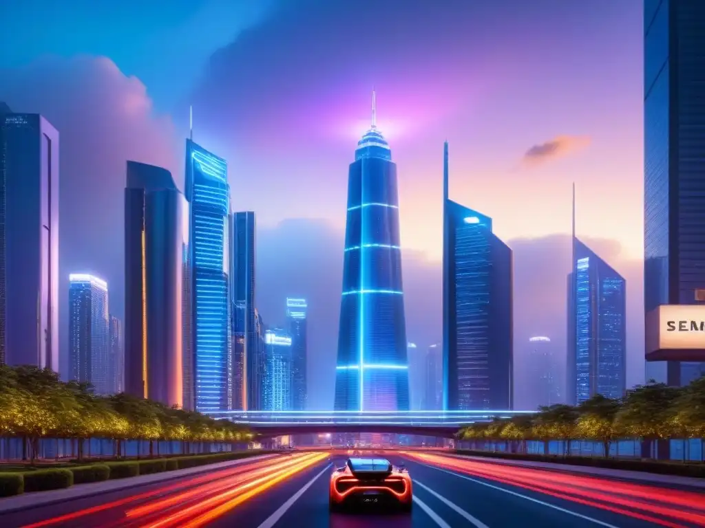 Una ciudad futurista al anochecer, con rascacielos imponentes iluminados por luces de neón