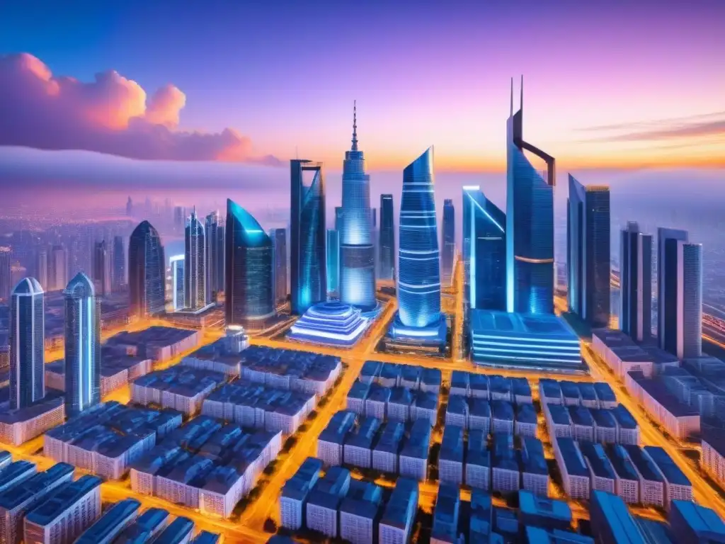 Skyline futurista: contratos inteligentes en el sector inmobiliario Una ciudad futurista con rascacielos representando la industria inmobiliaria y financiera, conectados por líneas brillantes
