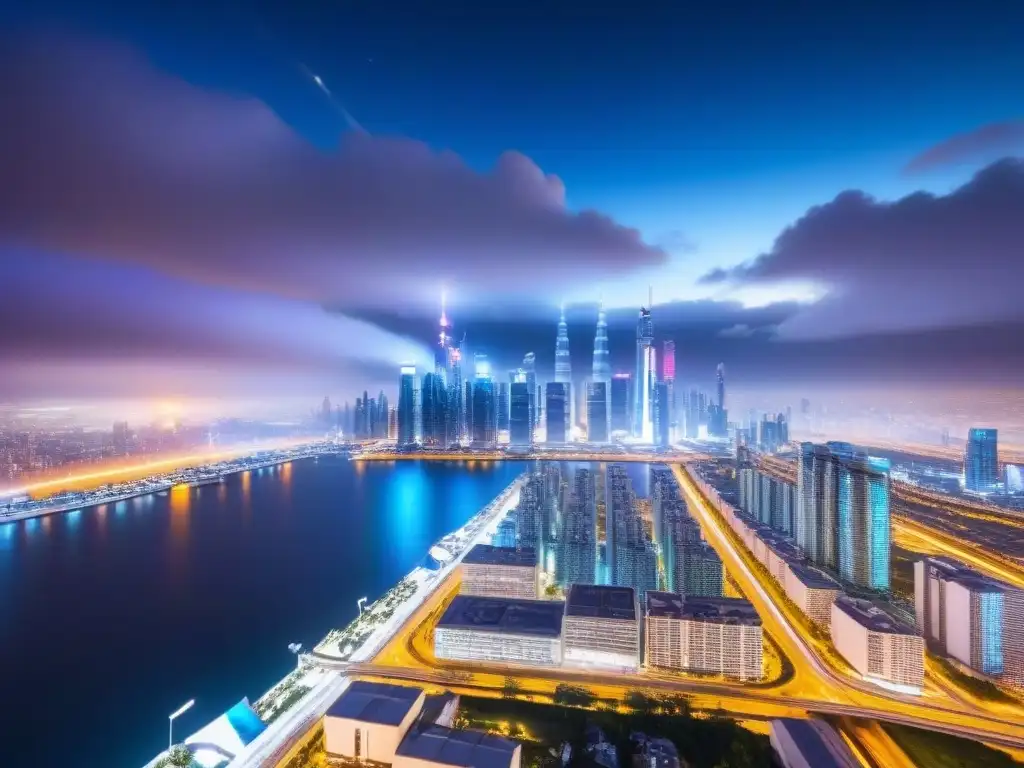 Metrópolis futurista con rascacielos innovadores y vehículos voladores En la ciudad futurista se destacan rascacielos innovadores, transporte avanzado y luces neón