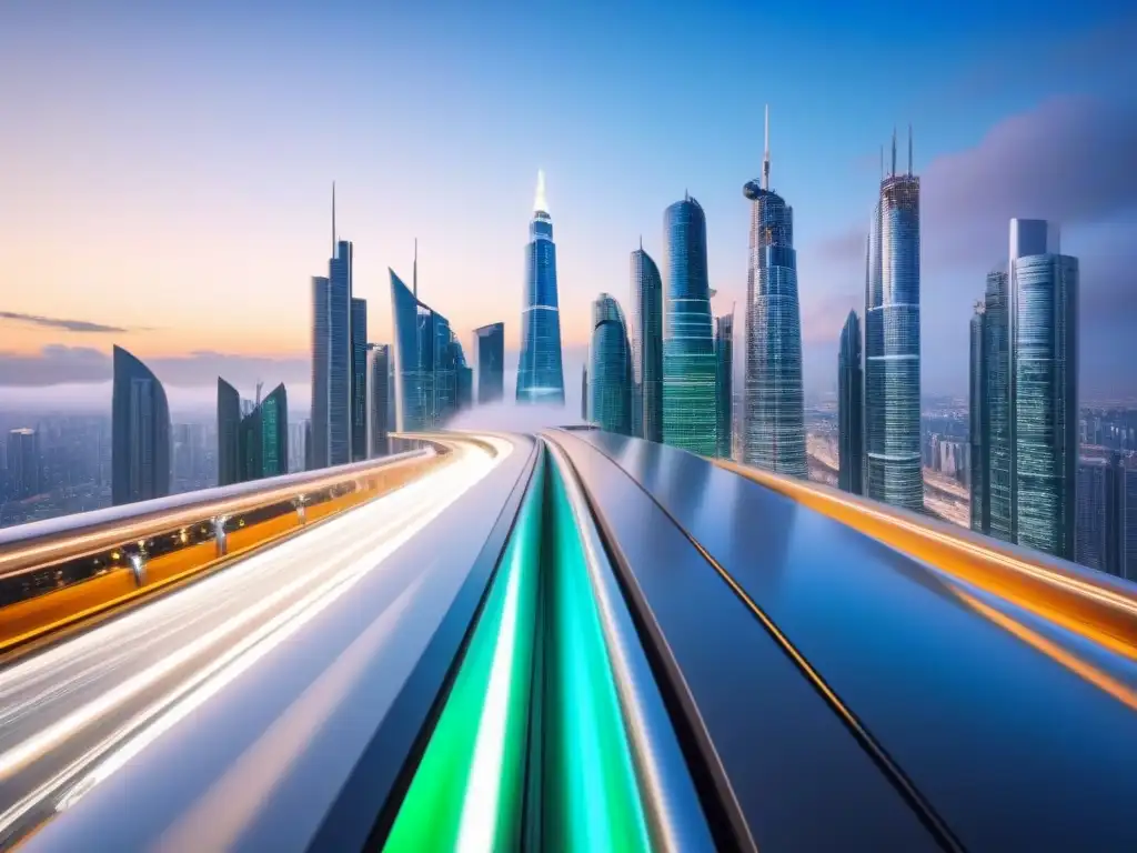 Metrópolis futurista: innovación y progreso en el mercado inmobiliario Una ciudad futurista con rascacielos innovadores, transporte avanzado y un ambiente de progreso