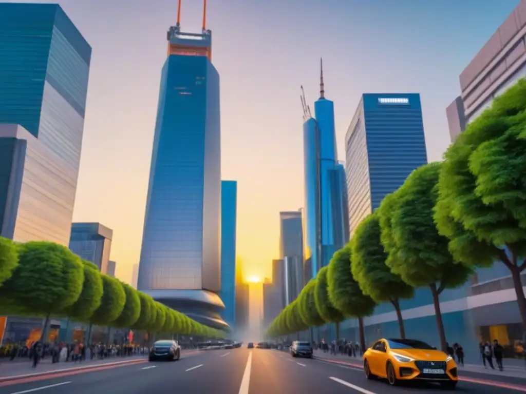 Metrópolis Futurista: Avances Tecnológicos y Educación en 8k Una ciudad futurista con rascacielos innovadores reflejando el sol