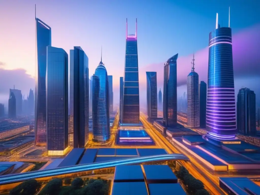 Futurista ciudad nocturna: rascacielos, luces neón y tecnología avanzada Una ciudad futurista al anochecer, con rascacielos innovadores iluminados por luces neón