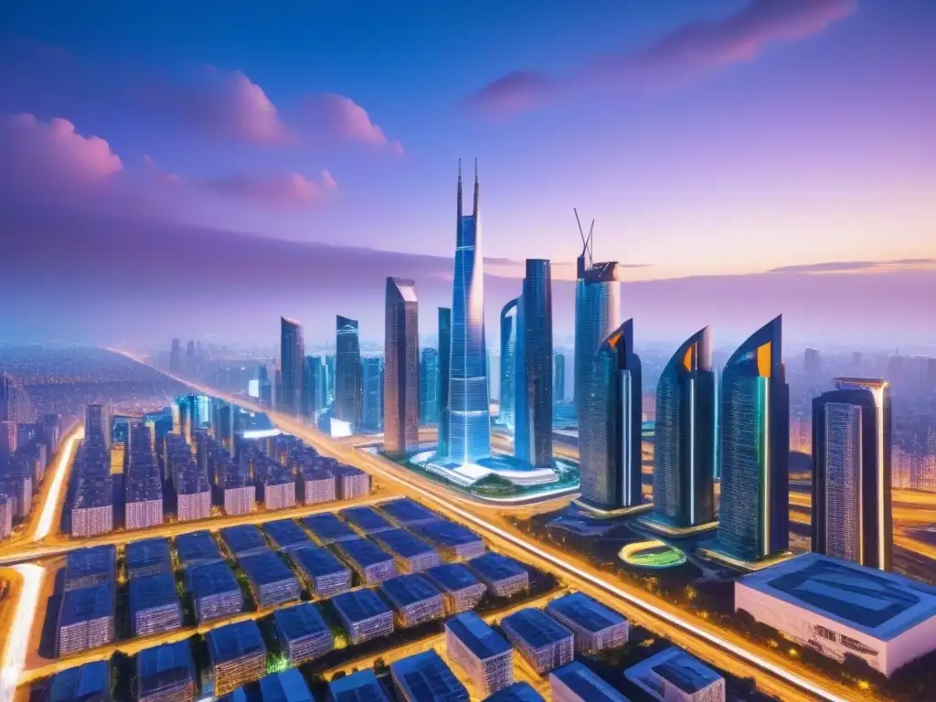 Futurismo urbano: ciudad sostenible al anochecer Una ciudad futurista al anochecer, con rascacielos innovadores y una población diversa