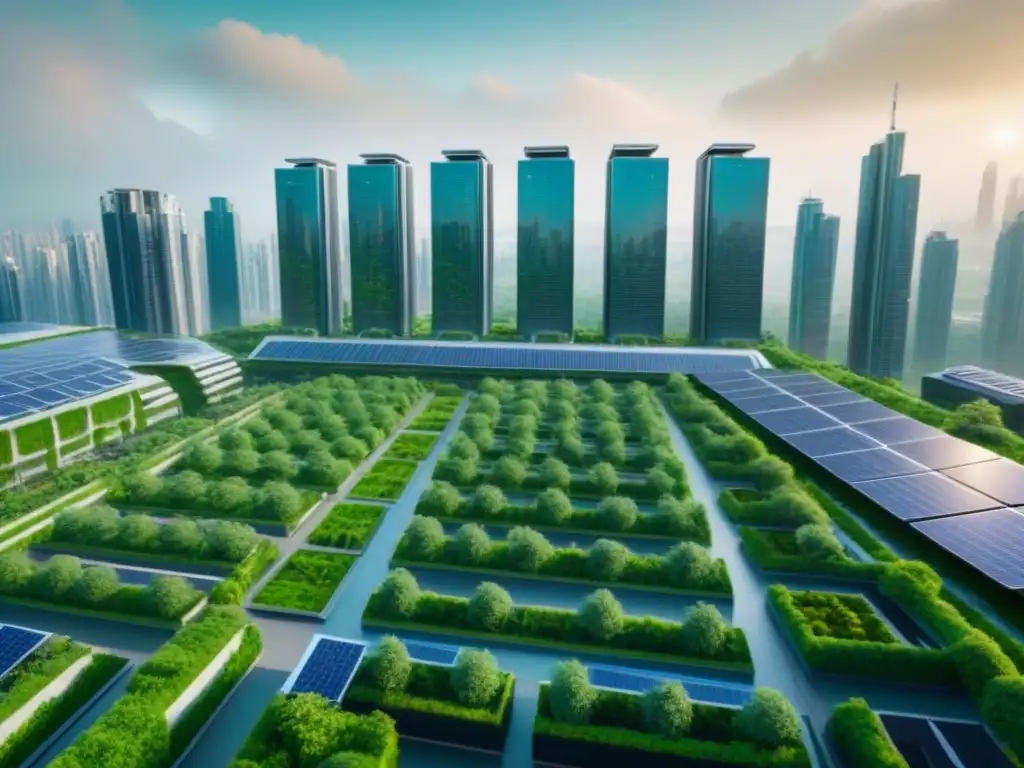 Futurismo verde: ciudad 8k avanzada y sostenible Una ciudad futurista con rascacielos y vegetación, muestra la integración de tecnología avanzada y arquitectura sostenible