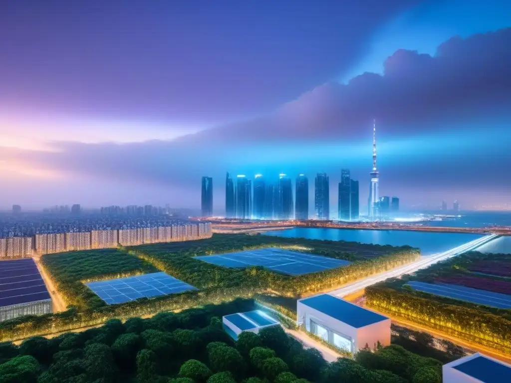 Metrópolis futurista: tecnología inteligente y naturaleza en armonía Una ciudad futurista al anochecer, con rascacielos inteligentes y vegetación, drones y red de luces