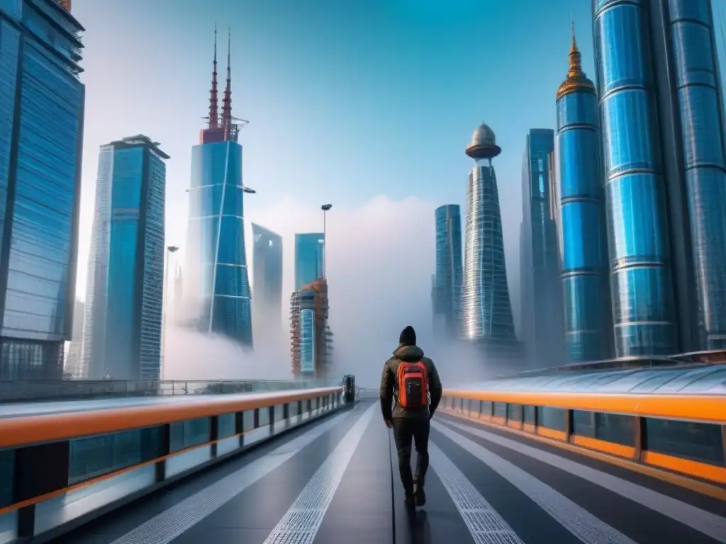 Metrópolis futurista: innovación y conexión urbana en acción Una ciudad futurista con rascacielos interconectados por pasarelas transparentes, reflejando ética empresarial en financiamiento inmobiliario