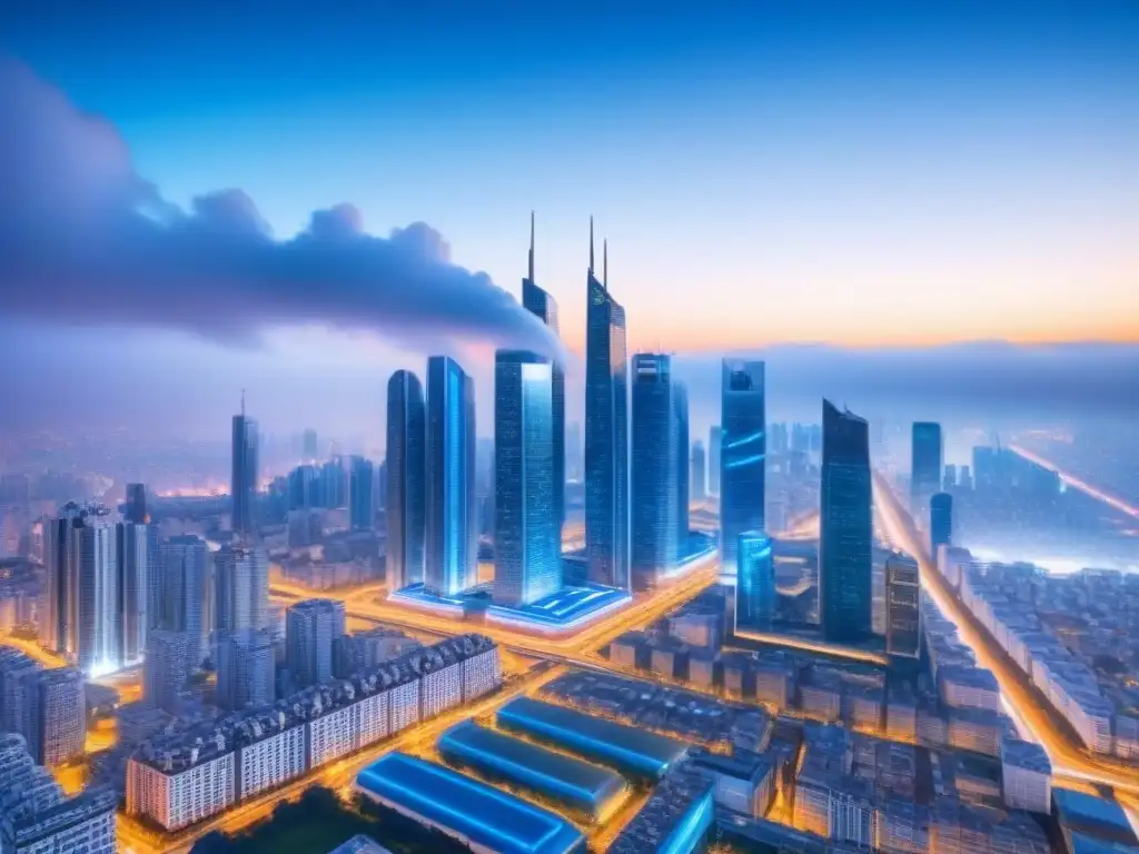 Metrópolis futurista con tecnología blockchain y seguridad inmobiliaria Una ciudad futurista con rascacielos interconectados, patrones de tecnología blockchain y candados de seguridad