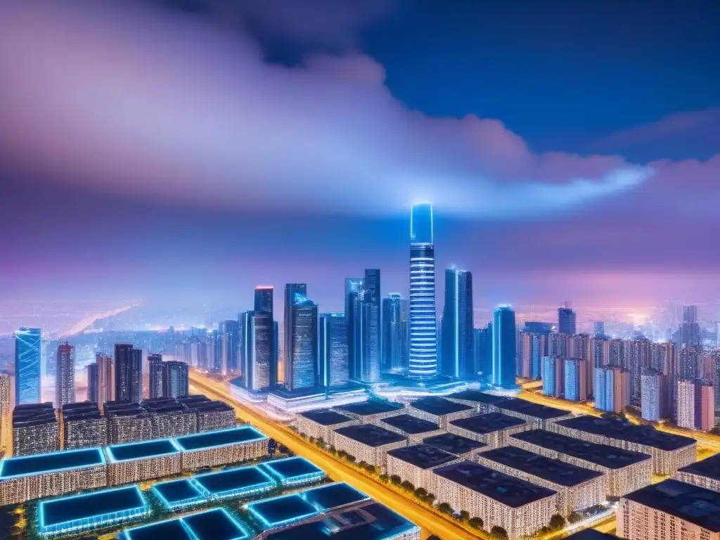 Metrópolis futurista: innovación y contratos inteligentes en tiempo real Una ciudad futurista con rascacielos interconectados que reflejan innovación y progreso