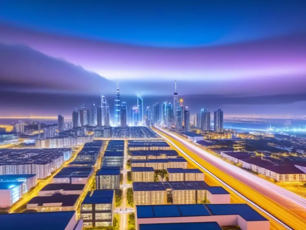 Metrópolis futurista: tecnología avanzada para una vida urbana innovadora Una ciudad futurista con rascacielos interconectados mostrando tecnología avanzada como sistemas domóticos, soluciones de energía verde y redes de transporte eficientes