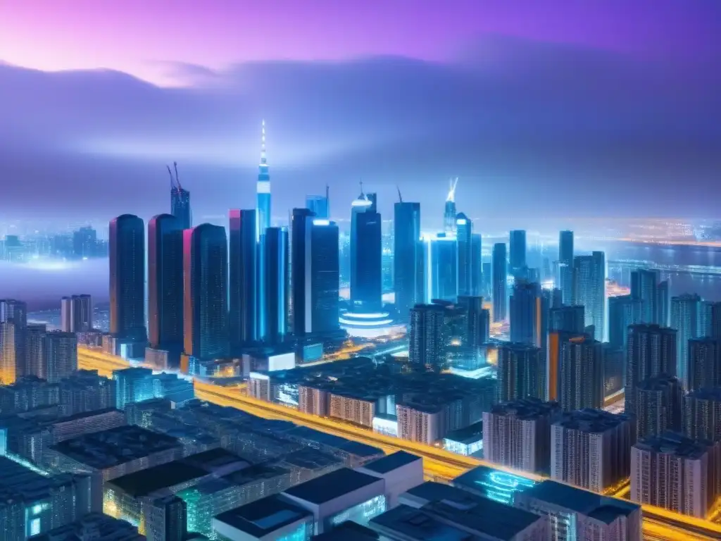 Una ciudad futurista con rascacielos reflejando luces de neón y una red digital, simbolizando la Tecnología Blockchain en Financiamiento Inmobiliario