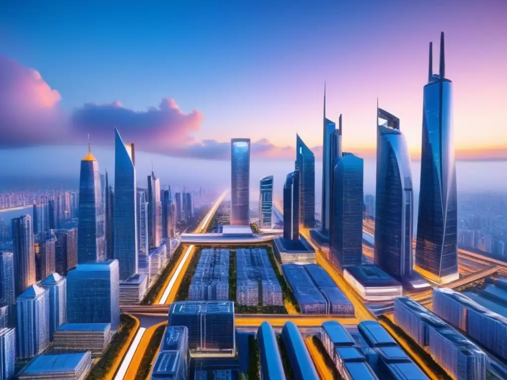 Metrópolis futurista: innovación en real estate Una ciudad futurista con rascacielos modernos, tecnología avanzada y transporte innovador