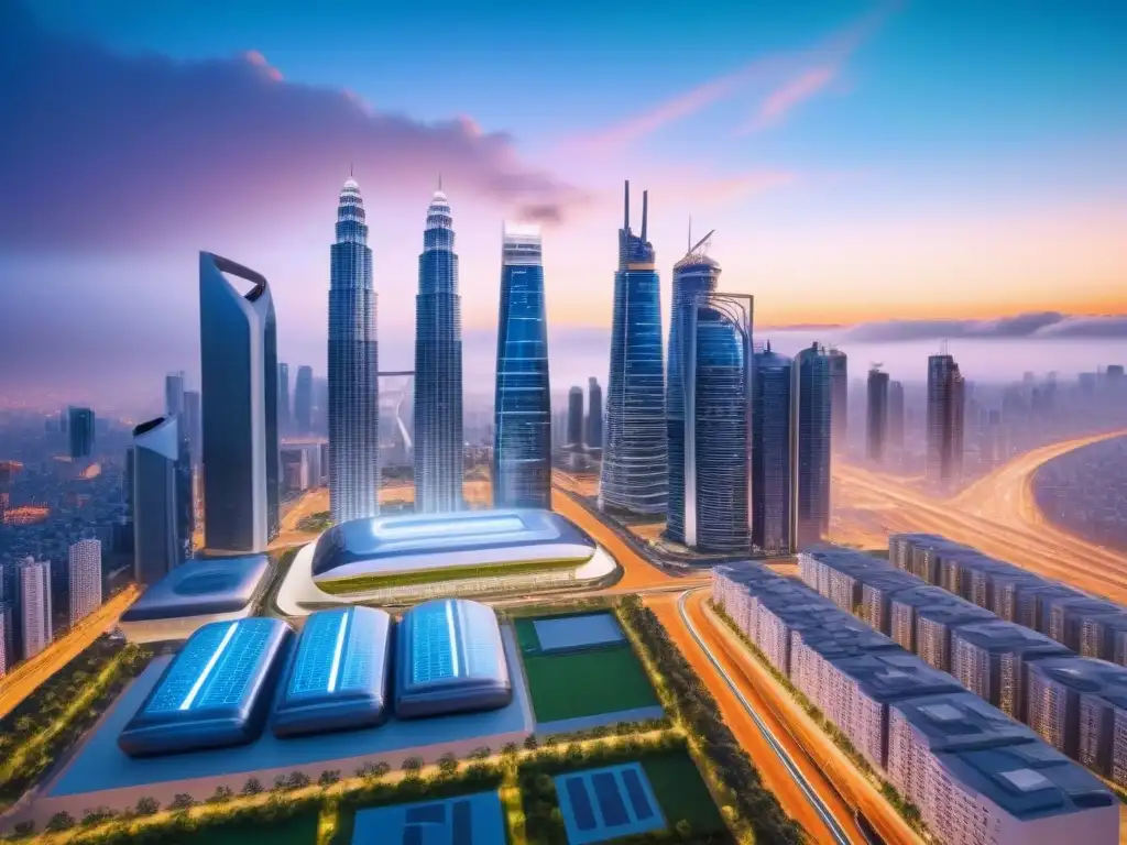 Futurista ciudad nocturna: rascacielos y tecnología LED Una ciudad futurista al anochecer con rascacielos modernos iluminados y vehículos autónomos en las calles