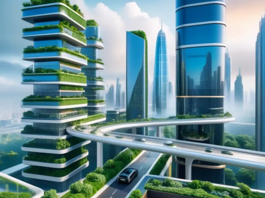 Metrópolis futurista: rascacielos modernos entre vegetación exuberante Una ciudad futurista con rascacielos modernos conectados por puentes y jardines verticales, mostrando habilidades financiamiento inmobiliario futuro