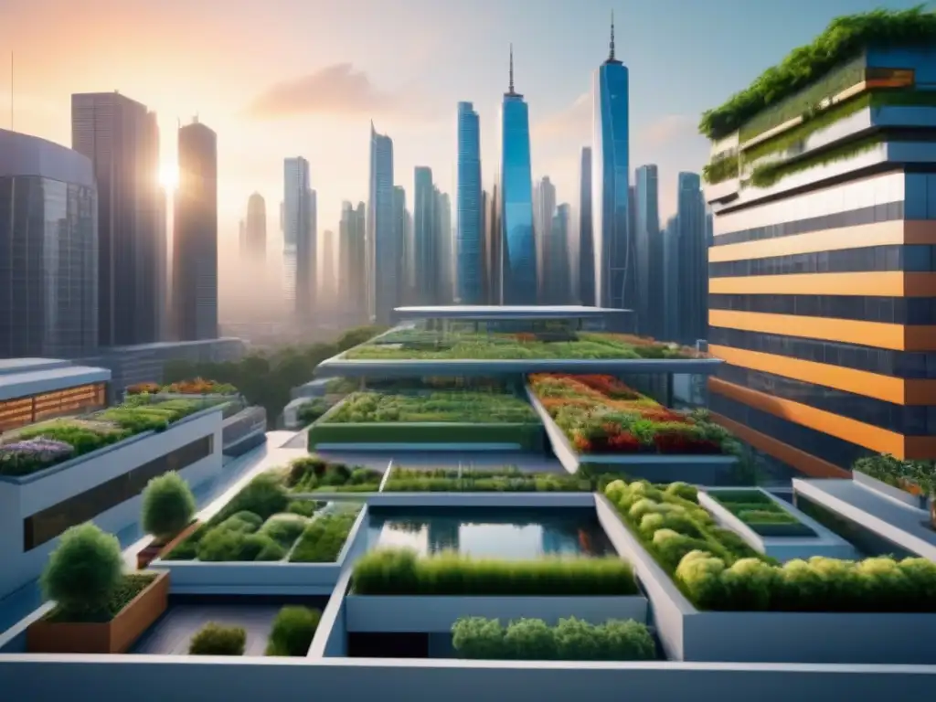Metrópolis futurista: arquitectura moderna y naturaleza en perfecta armonía Una ciudad futurista con rascacielos modernos y elementos sostenibles, integrando naturaleza y tecnología
