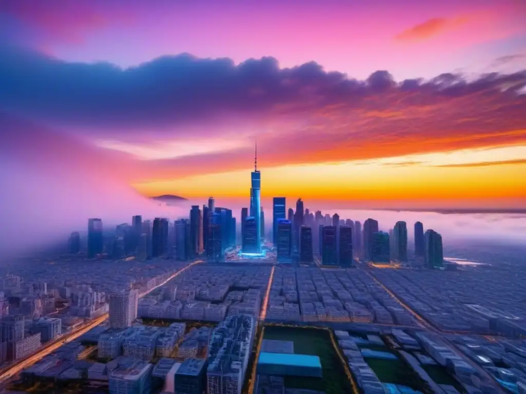 Horizonte futurista: ciudad innovadora en 8k Una ciudad futurista con rascacielos modernos reflejando los colores vibrantes del atardecer, mostrando innovación y progreso