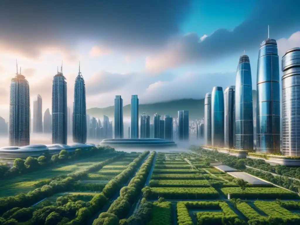 Una ciudad futurista con rascacielos modernos rodeados de vegetación, simbolizando innovación y progreso en inversiones inmobiliarias internacionales