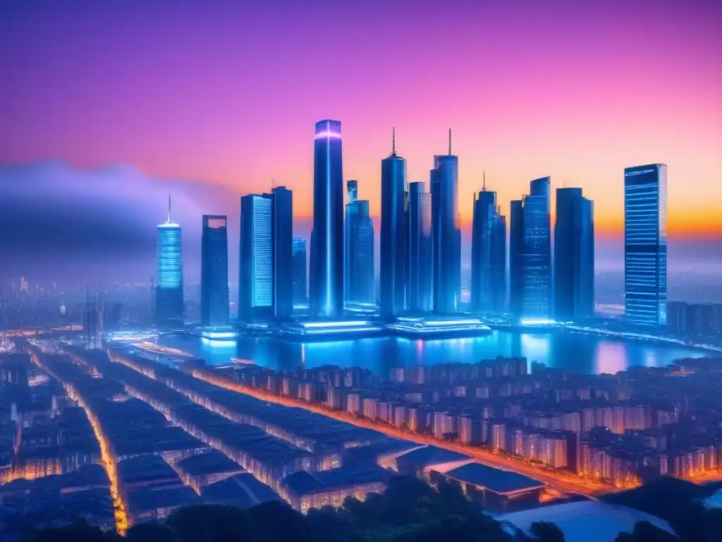 Metrópolis futurista: finanzas inmobiliarias en neon Una ciudad futurista con rascacielos y pantallas digitales muestra estadísticas financieras inmobiliarias