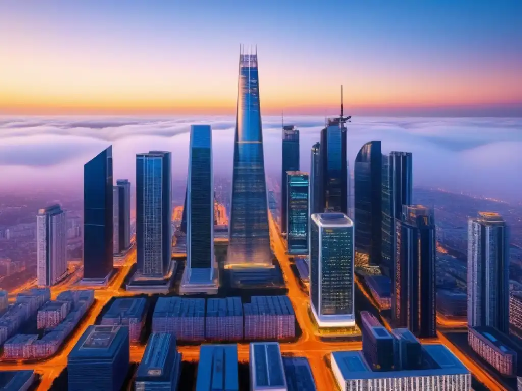 Horizonte financiero: Futuro próspero en bienes raíces Una ciudad futurista con rascacielos representando plataformas financieras para bienes raíces, iluminados al atardecer