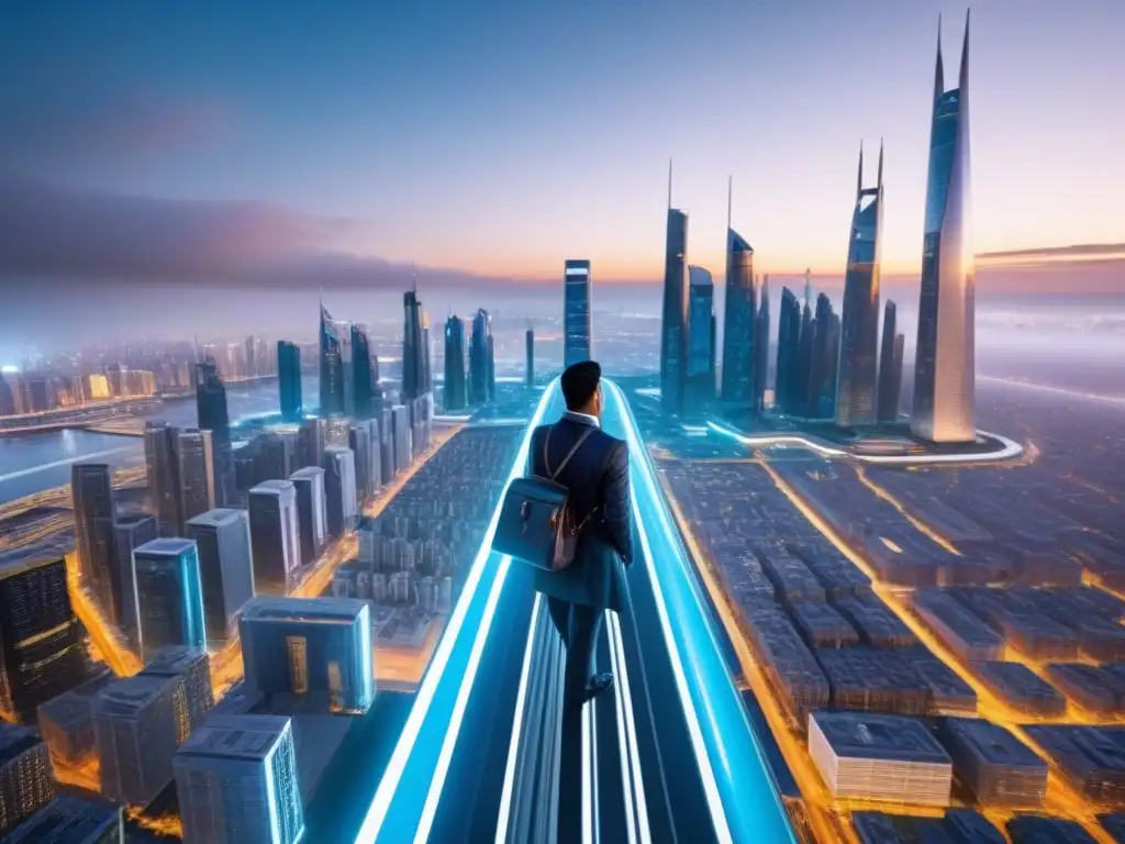 Futurismo financiero: Ciudad innovadora en 8k Una ciudad futurista con rascacielos relucientes y tecnología avanzada
