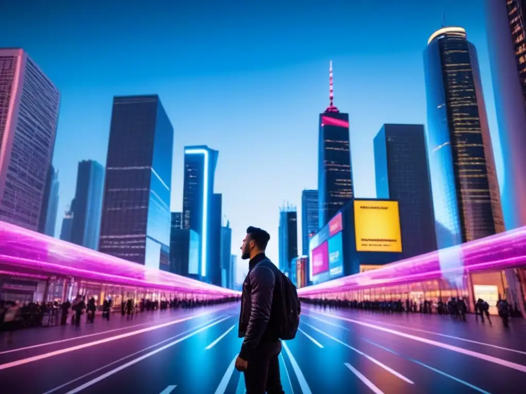 Metrópolis futurista: rascacielos brillantes y drones en la noche Una ciudad futurista con rascacielos relucientes y luces de neón, drones en el cielo nocturno