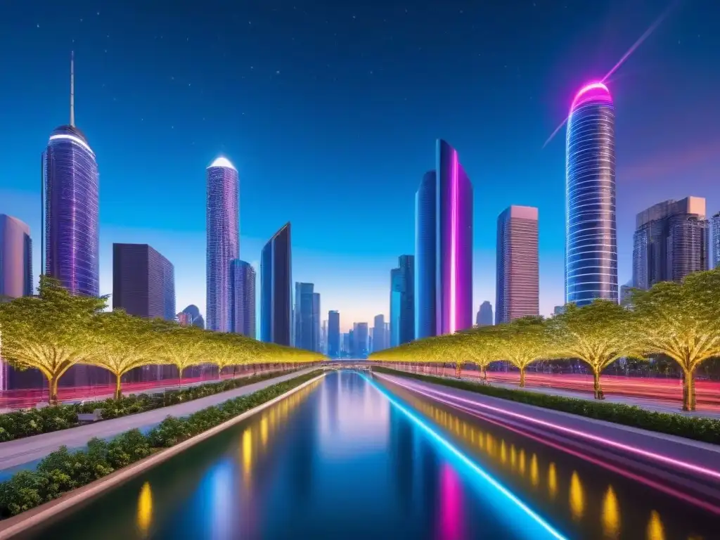 Una ciudad futurista con rascacielos relucientes que reflejan la luz de neón, transmitiendo innovación y progreso