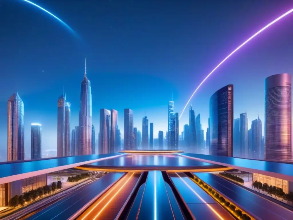 Metrópolis futurista: innovación y tecnología en la industria inmobiliaria Una ciudad futurista con rascacielos relucientes y tecnología avanzada