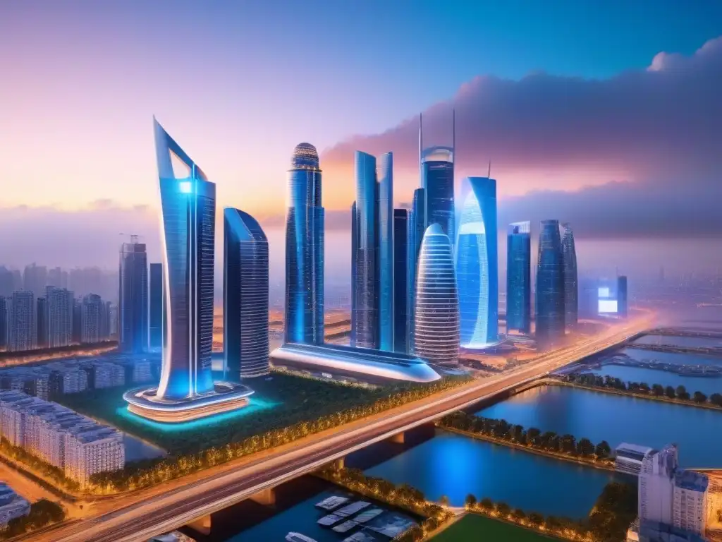 Metrópolis del futuro: innovación y tecnología en la arquitectura urbana Una ciudad futurista al anochecer con rascacielos relucientes y sistemas de transporte avanzados integrados
