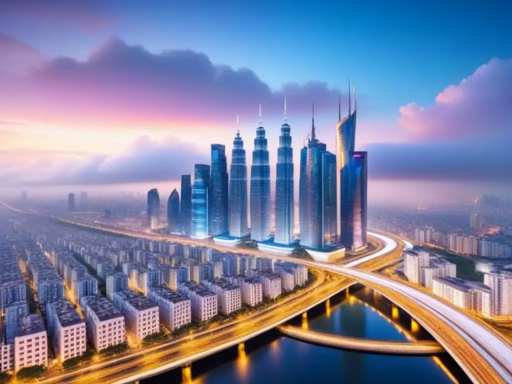 Metrópolis futurista con datos predictivos en desarrollo inmobiliario Una ciudad futurista al anochecer con rascacielos relucientes, sistemas de transporte avanzados y flujos de datos digitales, representando la integración del análisis predictivo en el desarrollo inmobiliario