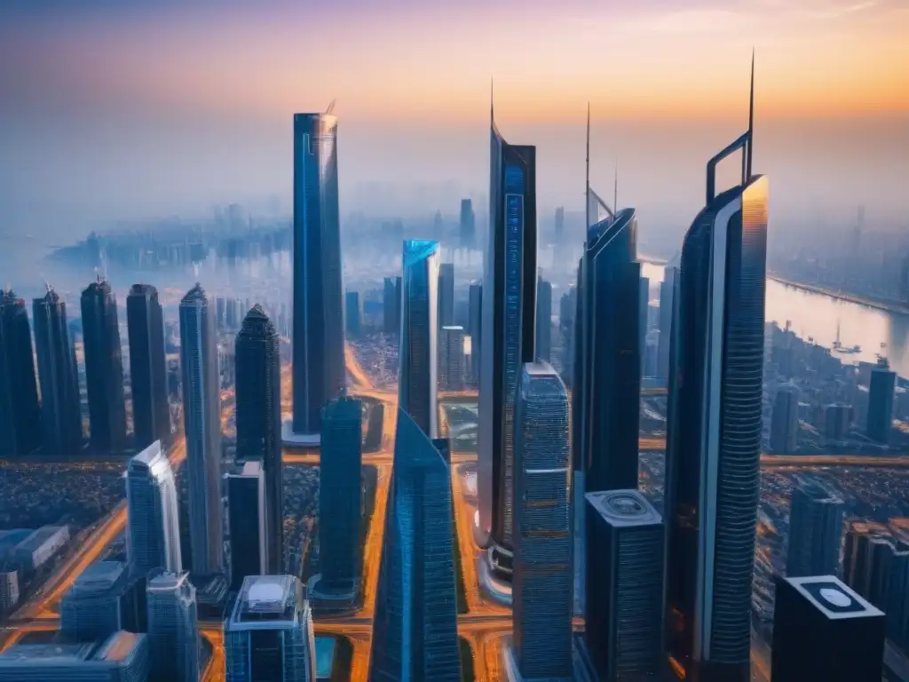 Metrópolis Futurista: Innovación y Tecnología en Fintech Una ciudad futurista con rascacielos relucientes y tecnología avanzada
