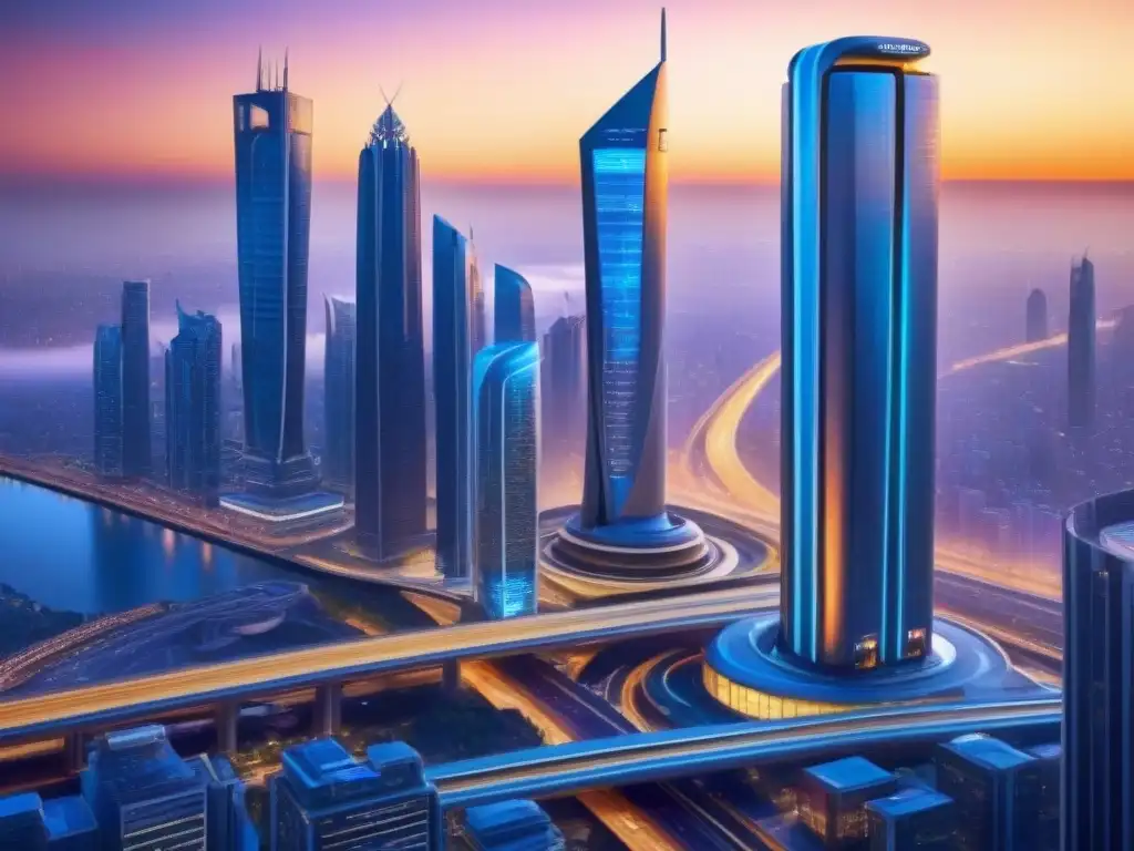 Metrópolis futurista: arquitectura moderna y tecnología avanzada en una vibrante ciudad del mañana Una ciudad futurista con rascacielos y sistemas de transporte avanzados, gente en actividades cotidianas al atardecer