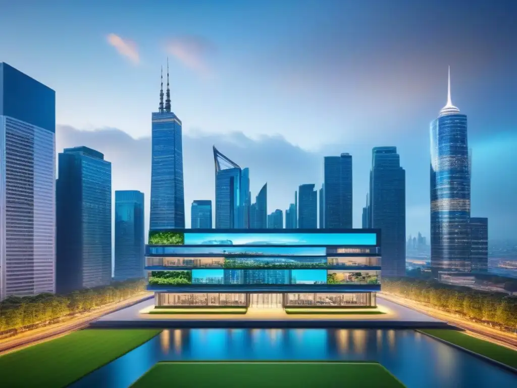 Metrópolis futurista: IA revoluciona transacciones inmobiliarias Una ciudad futurista con rascacielos y tecnología AI integrada, mostrando la Inteligencia artificial en transacciones inmobiliarias